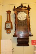 Victorian inlaid walnut wall clock and 1930's barometer.