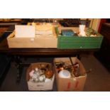 Five boxes of brass, copper, Wedgwood 'Charisma' service, collectors plates, boxed crystal,