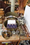 Collection of metalwares including 1915 Birmingham silver cased spoons, silver thimbles, jam pans,