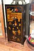 Oriental style black lacquer and figure decorated five drawer chest, 107cm by 46cm by 46cm.