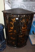 19th Century chinoiserie lacquered bow front two door corner wall cabinet, 92cm.