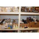 Five boxes of Colclough teaware, Wade, Whimsies, Staffordshire animals, etc.