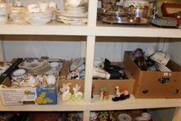 Five boxes of Colclough teaware, Wade, Whimsies, Staffordshire animals, etc.