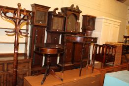 Bentwood style hat tree, mahogany two drawer drum table, hall table, four division Canterbury,