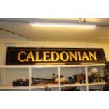 Rectangular wall mounted 'Caledonian' pub sign, 350cm long by 65cm high.