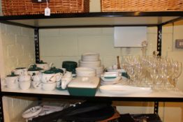 Denby Greenwheat tableware, over 70 pieces, two decanters and glasses.