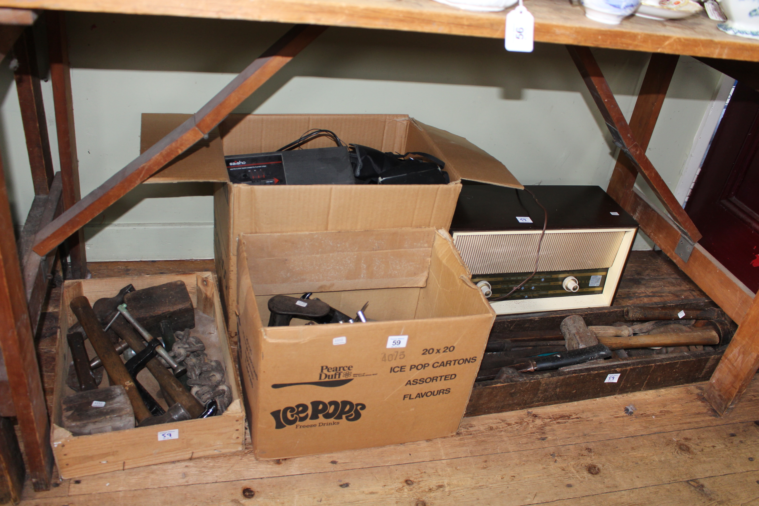 Collection of tools, radios, cameras, etc.