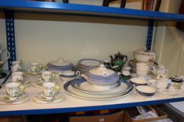 Pagoda part tea set, Burslem blue and white dinnerware including tureens,