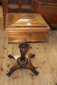 Victorian mahogany sarcophagus shaped teapoy on turned octagonal pedestal to inverted quadriform