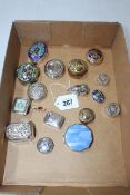 Collection of silver and other boxes including blue enamel cosmetic and stamp box (16).