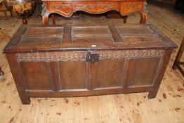 Antique oak four panel front coffer, 67cm by 151cm by 56cm.