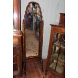 Burr walnut shaped arched top cheval mirror, 160cm by 48cm.