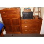 Utility oak three drawer chest and linen cupboard,