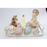 Four Coalport ladies, posy, Capo di Monte piece and lady figure (7).