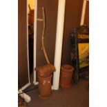 Two terracotta chimney pots, cowl and vintage scythe (4).