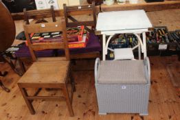 Lloyd Loom table and linen stool and three Victorian Country oak side chairs.