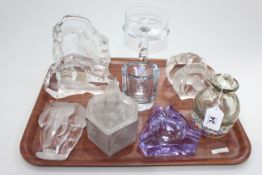 Glassware including Millefiori scent bottle, animal paperweights, etc (10).