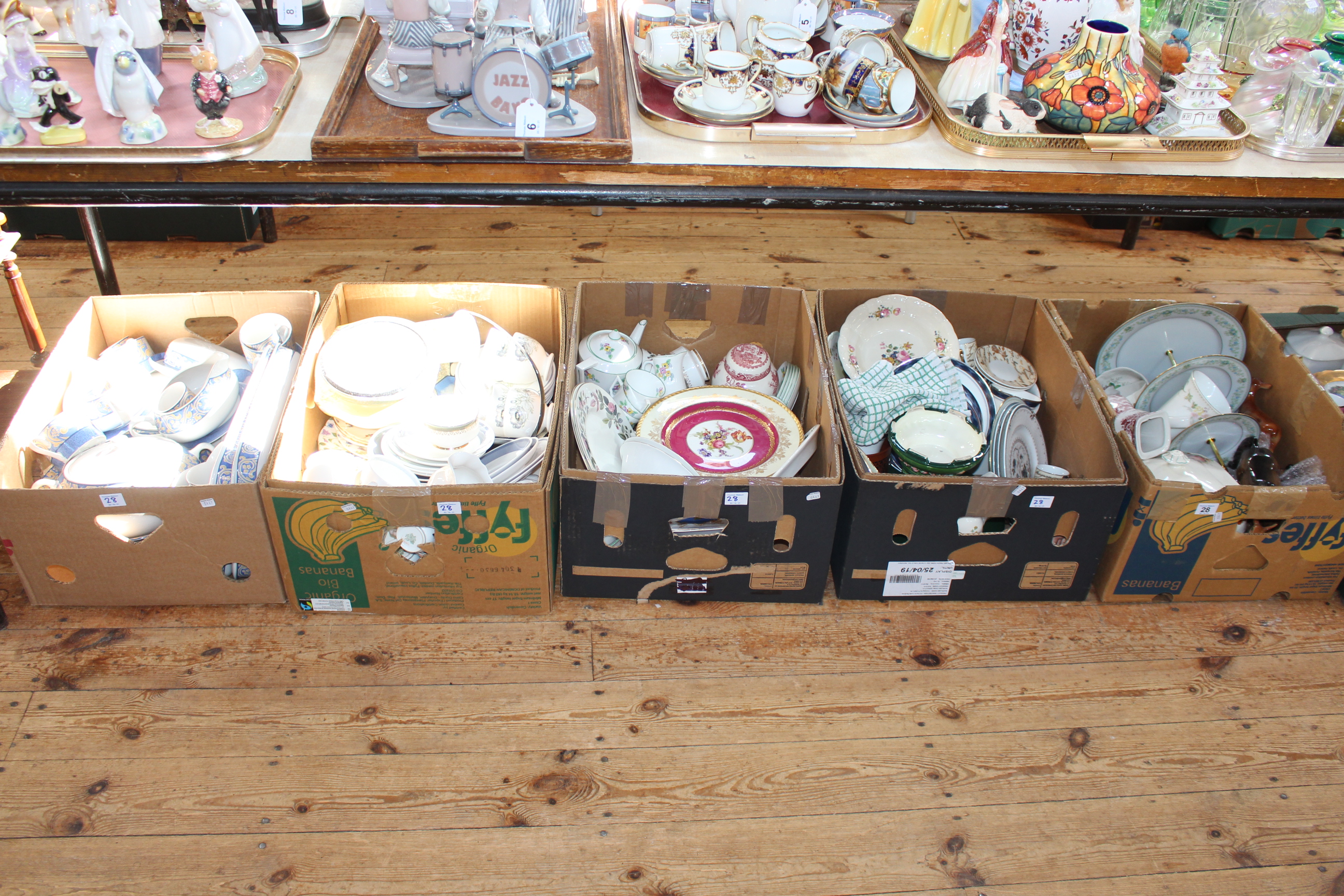 Five boxes of tea and dinnerware, china including Beswick horses and teapot, Wedgwood, etc.