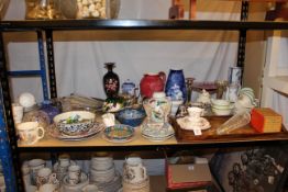 Shelf lot of EPNS, inlaid tray, decorative china and glass.