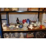 Shelf lot of EPNS, inlaid tray, decorative china and glass.