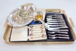 Silver handled dessert knives and forks, button hooks, EP wares, etc.