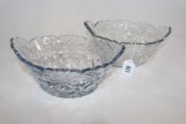 Pair 19th Century crystal glass boat shaped dishes, 24cm across.