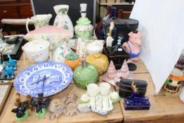 Collection of Maling lustre, Wade pig, Sylvac food pots, binoculars, etc.