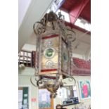 Victorian brass five panelled leaded light hall lantern (large).