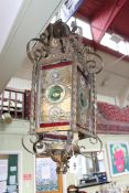Victorian brass five panelled leaded light hall lantern (large).