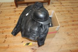 Motorcycle clothing including helmet, leather jacket, trousers, gloves, belt, etc.