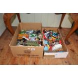 Two boxes of Diecast toys including aircraft, cars, etc.