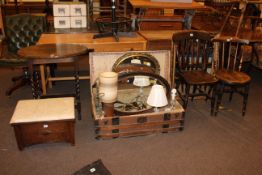 Two farmhouse kitchen chairs, oak barley twist occasional table, box stool, five wall mirrors,