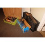 Joiners tool box and tools, mitre saw, two hand saws and box of power tools.