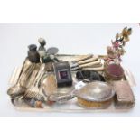 Tray lot with porcelain figure candle holder, silver brush and mirror, flatware, boxes, etc.