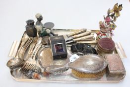 Tray lot with porcelain figure candle holder, silver brush and mirror, flatware, boxes, etc.