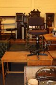 Three drawer single pedestal desk, two drawer writing table, swivel chair and chair frame (4).