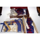 Collection of Masonic Regalia including Durham arm cuffs and aprons, silver jewels, books,