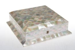 Victorian mother of pearl box, of square form with shallow interior, 27cm wide, 8cm high.