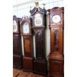 Oak longcase clock with brass and silvered arch dial, single mercury weight and pendulum,