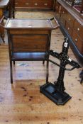 Victorian inlaid rosewood sewing table and cast iron stick stand.