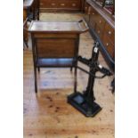 Victorian inlaid rosewood sewing table and cast iron stick stand.