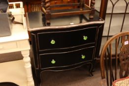 Black lacquered and silvered serpentine front two drawer chest, 82cm by 80cm by 50cm.