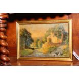 Small oil on board of country lane with hens and cottage, noted verso Fred C.