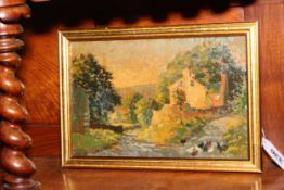 Small oil on board of country lane with hens and cottage, noted verso Fred C.