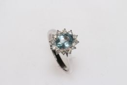 Aquamarine and diamond 18 carat white gold cluster ring,