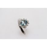 Aquamarine and diamond 18 carat white gold cluster ring,