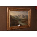 Gilt framed oil on canvas depicting an Asian landscape, 34cm by 50cm.