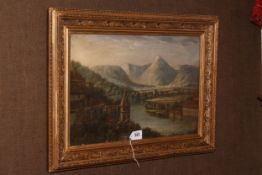 Gilt framed oil on canvas depicting an Asian landscape, 34cm by 50cm.