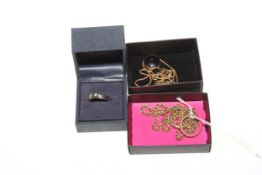 9 carat gold jewellery including rope twist necklace, rings and pendant.