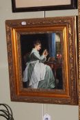 D. Goetz, Lady Threading a Needle, oil on board, signed lower right, 23.5cm by 18cm, in gilt frame.